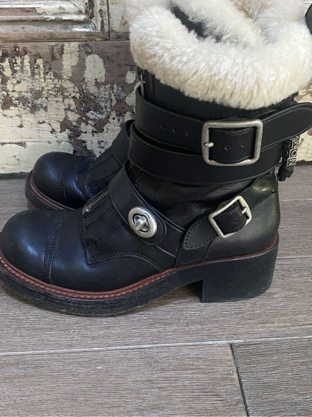 Coach Zip-Up Leather Moto Boot Shearling-Lined, Size 5.5
